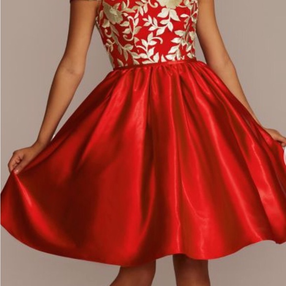 FIFTEEN ROSES Off-The-Shoulder Mini Patterned A-Line Color Red  Size 6   … - Picture 3 of 7